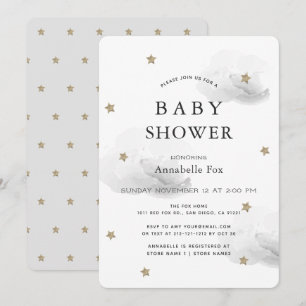 Invitation Gold Stars & Fluffy Grey Clouds Baby shower
