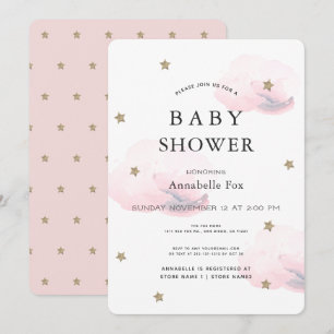 Invitation Gold Stars & Fluffy Pink Clouds Baby shower