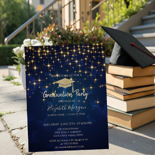 Invitation Gold Stars Graduation Cap Marine Bleu Graduation