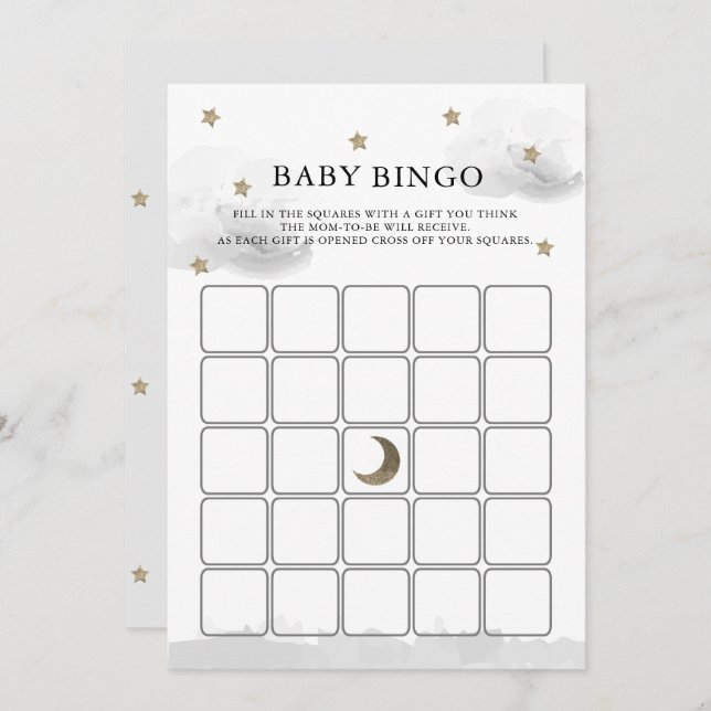Invitation Gold Stars Grey Clouds Baby shower Bingo Game Card (Devant / Derrière)