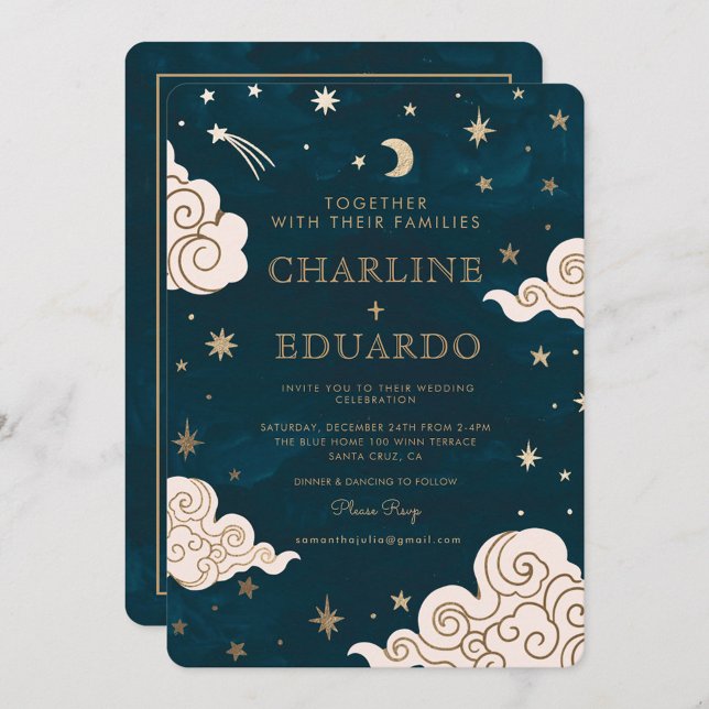 Invitation Gold Stars Moon Indigo Celestial Qr Code Mariage (Créateur téléchargé)