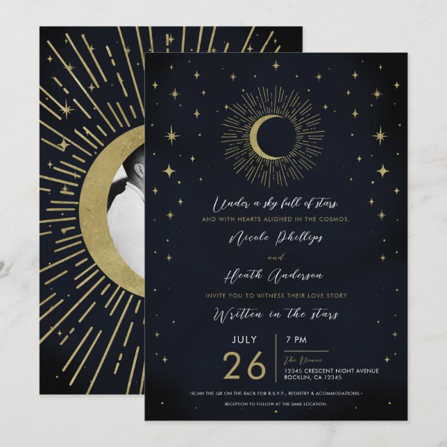 Invitation Gold Stars Night Celestial Sunburst Moon Mariage (Devant / Derrière)