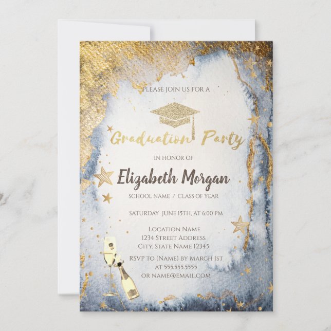 Invitation Gold Stars Parties scintillant Grad Casquette Aqua (Devant)