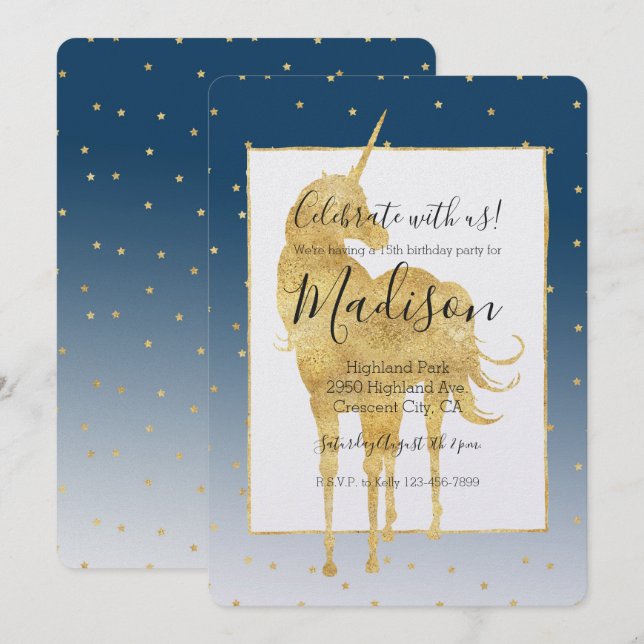 Invitation Gold Stars Sky Shine Bright Unicorn Ombre Annivers (Devant / Derrière)