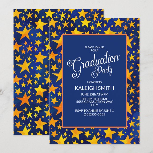 Invitation Gold Stars sur la Marine Blue Graduation Party (Devant / Derrière)