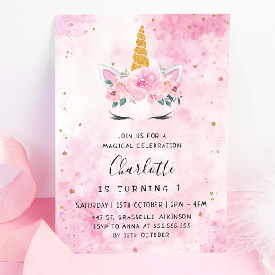 Invitation Gold Stars Turquoise rose Unicorn Anniversaire