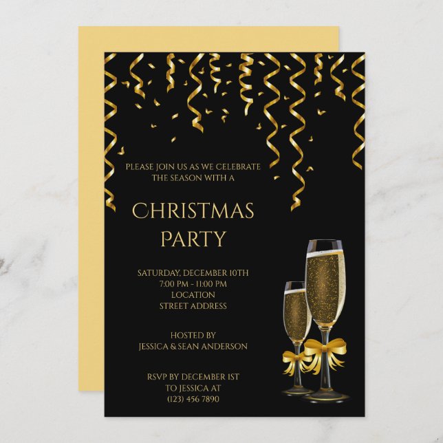 Invitation Gold Streamers & Champagne Christmas (Devant / Derrière)