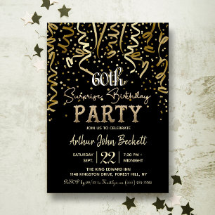 Invitation Gold Streamers & Confetti Surprise fête d'annivers