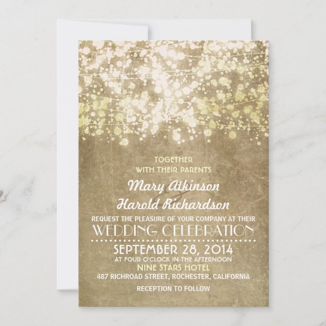 Invitation Gold String Lights Glam Élégant mariage vintage (Devant)