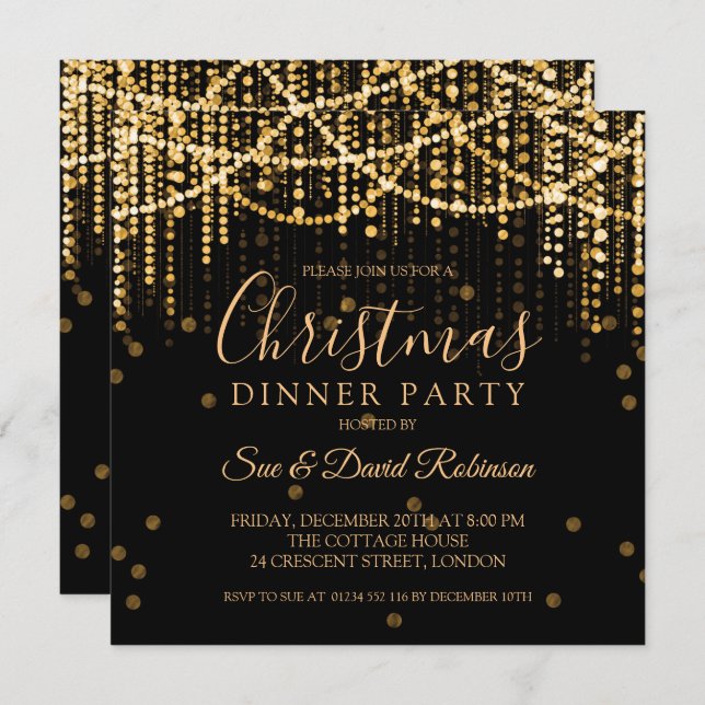 Invitation Gold String Lights Noël Fête Dîner (Devant / Derrière)