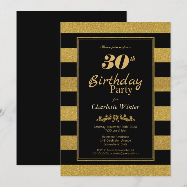 Invitation Gold Stripe 30e fête d'anniversaire (Devant / Derrière)