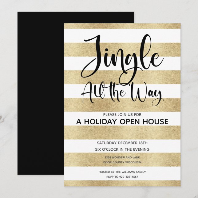 Invitation Gold Stripe Jingle All Way Holiday Open House (Devant / Derrière)