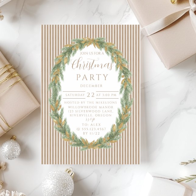 Invitation Gold Stripe Pine Wreath Christmas (Créateur téléchargé)