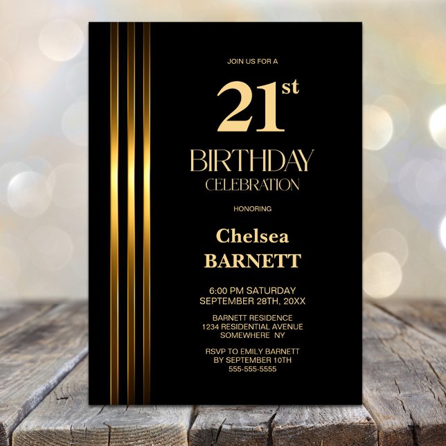 Invitation Gold Striped Black 21st Birthday Party (Créateur téléchargé)