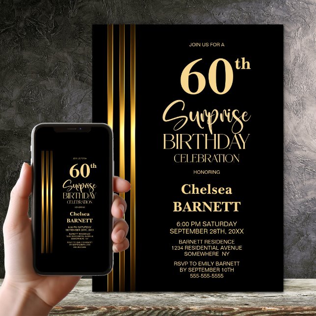Invitation Gold Striped Black 60th Surprise Birthday Party (Créateur téléchargé)