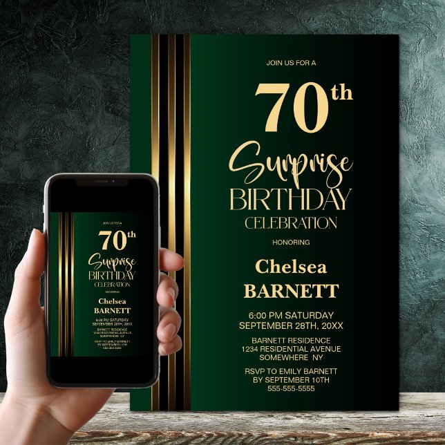 Invitation Gold Striped Black Green 70th Surprise Birthday (Créateur téléchargé)