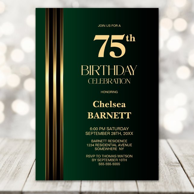 Invitation Gold Striped Black Green 75th Birthday Party (Créateur téléchargé)