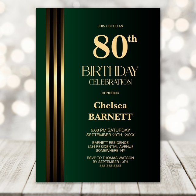 Invitation Gold Striped Black Green 80th Birthday Party (Créateur téléchargé)