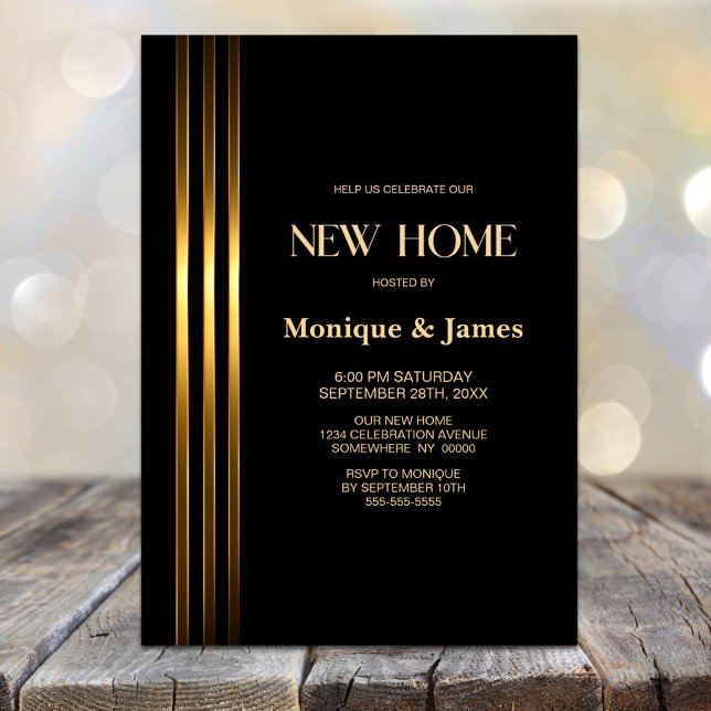 Invitation Gold Striped Black Housewarming Party (Créateur téléchargé)