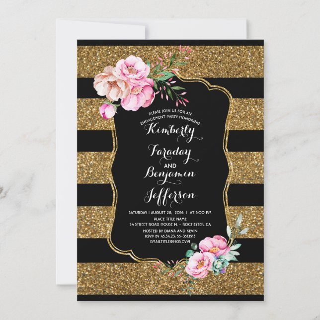 Invitation Gold Stripes Floral Vintage Engagement Party (Devant)