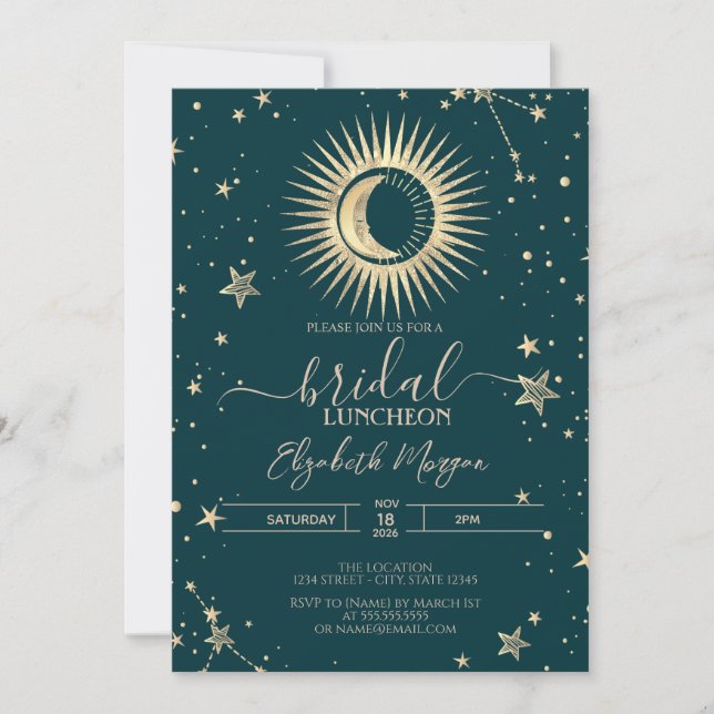 Invitation Gold Sun And Moon Stars Green Bridal Luncheon (Devant)