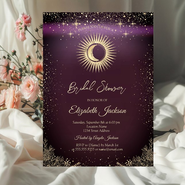 Invitation Gold Sun,Moon,Stars Flowers Burgundy Bridal Shower (Créateur téléchargé)