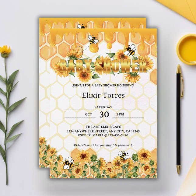 Invitation Gold Sunflower Honeycomb Honeybee Baby shower (Créateur téléchargé)