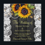 Invitation Gold sunflowers rustic country barn wood wedding<br><div class="desc">Mariage campagnard rustique fête et réception élégante invitation carré modèle sur bois brun foncé grange arrière - plan avec de grands bouquets de tournesols jaunes, cordes de lumières scintillantes, bordures de dentelle blanche, collier de perles, et un script de typographie en faux or. Facile à personnaliser avec vos détails !...</div>