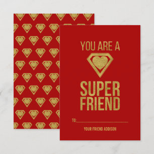 Invitation Gold Superhero Friend Classroom Valentine Card Red