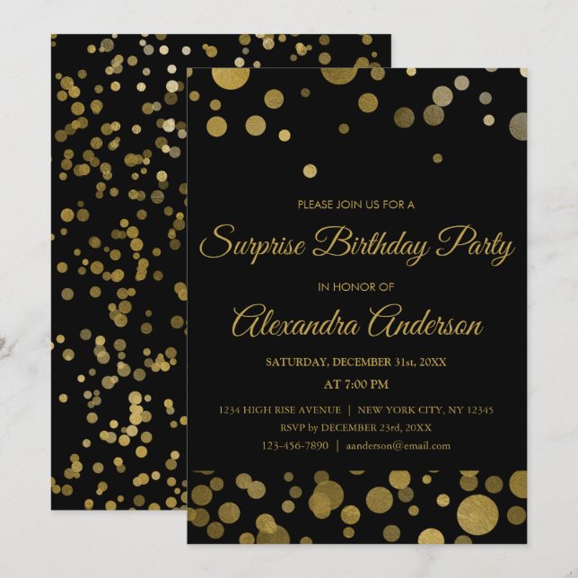 Invitation Gold Surprise fête d'anniversaire Gold Confetti (Devant / Derrière)