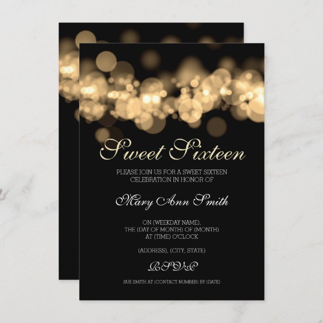 Invitation Gold Sweet 16 Bokeh Lights (Devant / Derrière)