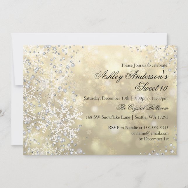 Invitation Gold Sweet 16 Winter Wonderland Sparkle Snowflakes (Devant)