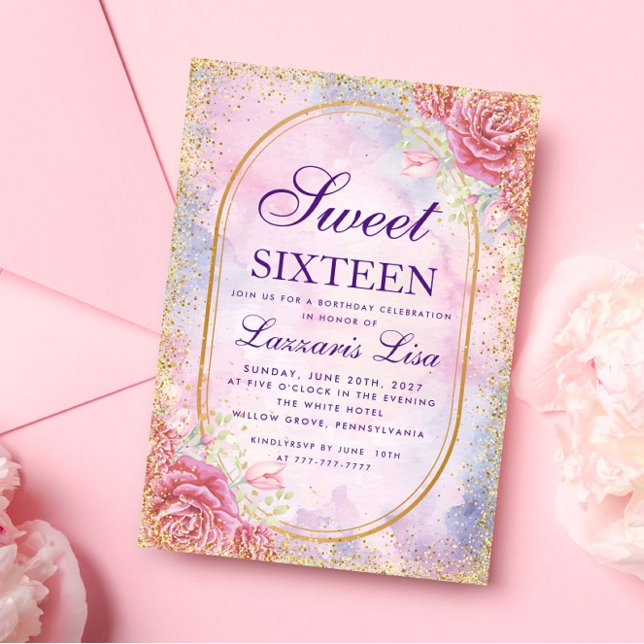 Invitation Gold Sweet sixteen Floral Surprise fête d'annivers (Créateur téléchargé)