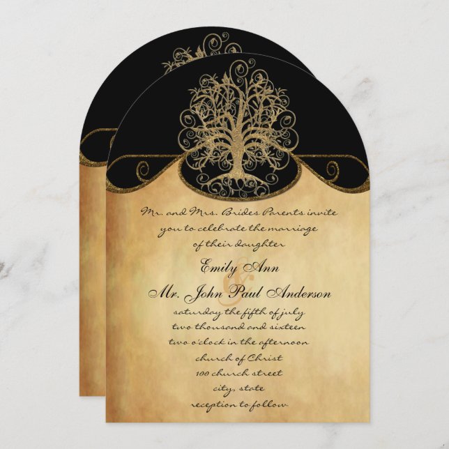 Invitation Gold Swirl Tree Gold & Black Metallic Mariage (Devant / Derrière)