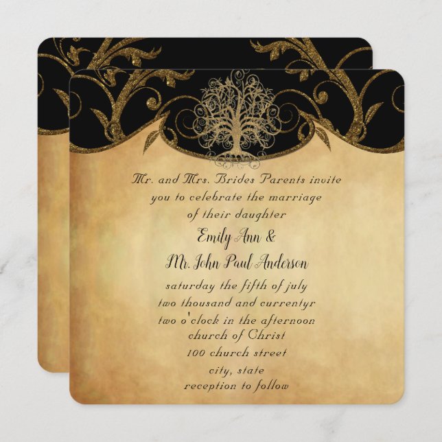 Invitation Gold Swirl Tree Gold & Black Metallic Mariage (Devant / Derrière)