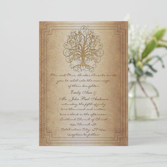 Invitation Gold Swirl Tree Gold  Metallic Wedding (Debout devant)