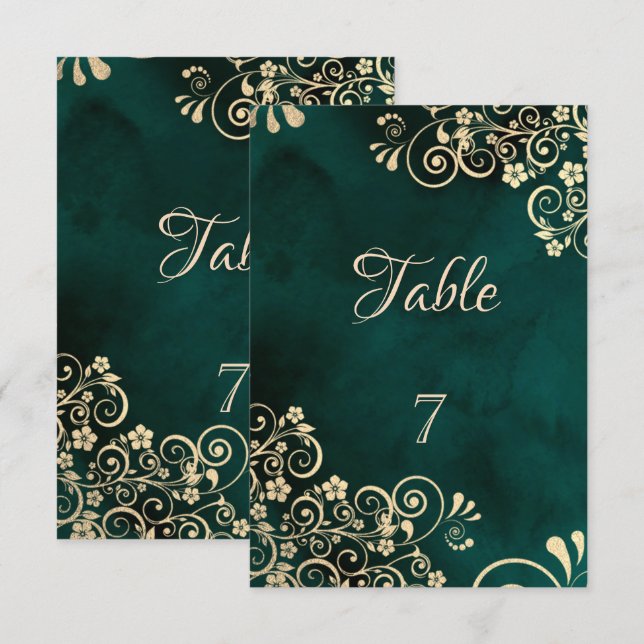 Invitation Gold Swirls Emerald Green Wedding Table Number (Devant / Derrière)