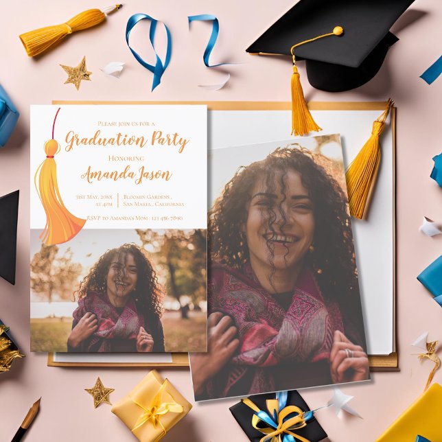 Invitation Gold Tassel 2025 Grad Two Grad Grad Graduation Par (Gold Tassel 2025 Grad Two Photo Graduation Party Invitation)