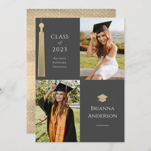 Invitation Gold Tassel & Casquette 2 Photo Graduation Grey (Devant / Derrière)
