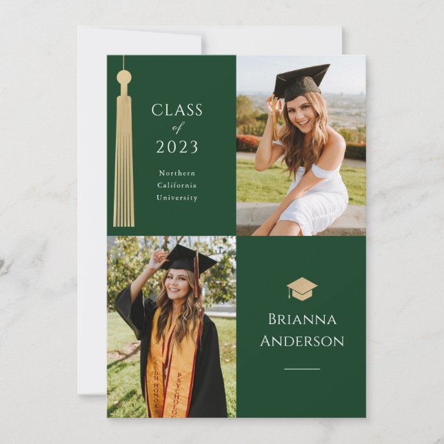 Invitation Gold Tassel & Casquette 2 Photo Green Graduation (Devant)