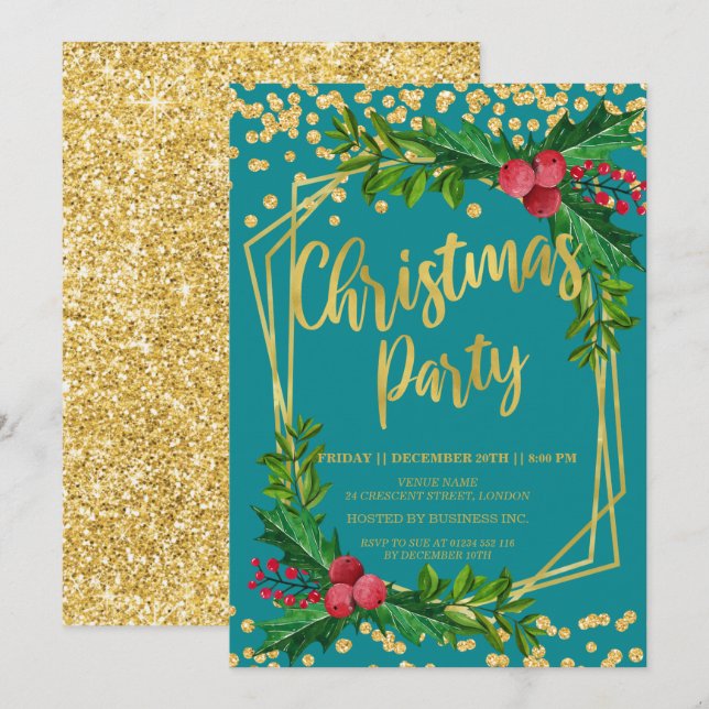 Invitation Gold Teal Floral Holly Glitter (Devant / Derrière)
