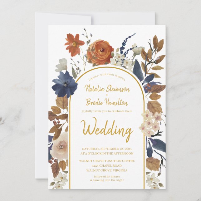 Invitation Gold Terracotta Blue Floral Boho Mariage (Devant)