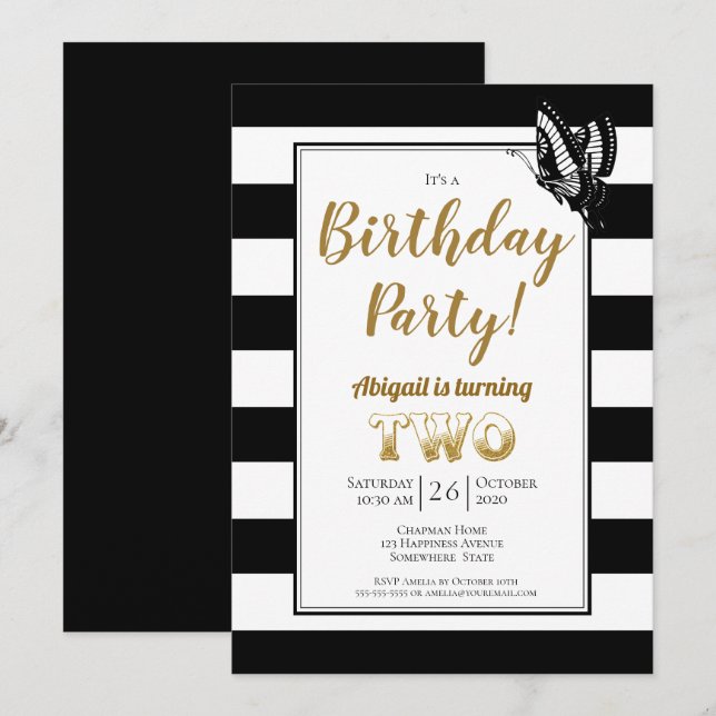 Invitation Gold Text Bande noire et blanche 2e anniversaire (Devant / Derrière)