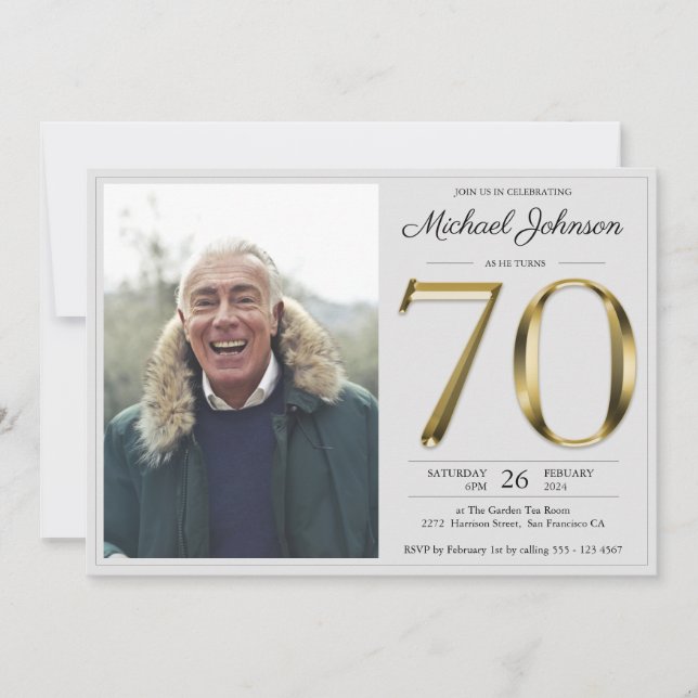 Invitation Gold Text Grey Simple Classy Photo 70e anniversair (Devant)