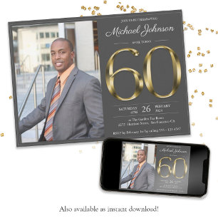 Invitation Gold Text gris foncé Classy Photo 60e anniversaire