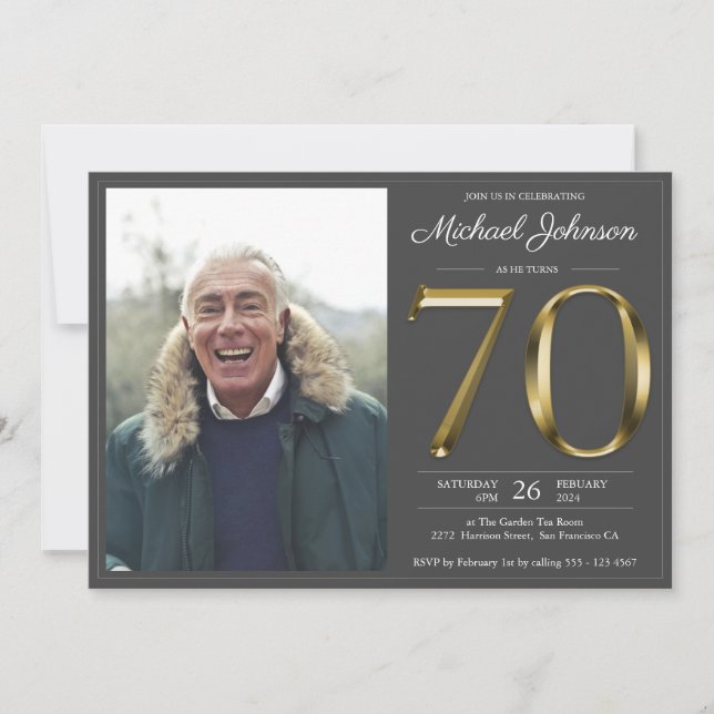 Invitation Gold Text gris foncé Classy Photo 70e anniversaire (Devant)