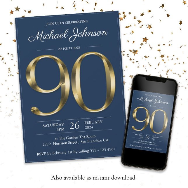 Invitation Gold Text Navy Blue Classy 90th Birthday Party (90th Ninetieth Birthday Gold Text Navy Blue Classy Invitation)