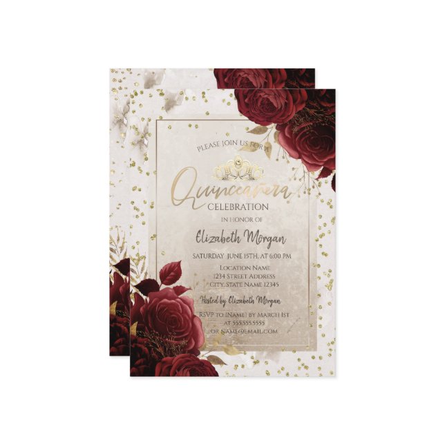 Invitation Gold Tiara,Burgundy Flowers Diamonds Quinceañera  (Devant/Arrière en situation)