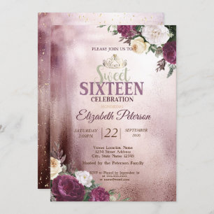 Invitation Gold Tiara, Confetti Burgundy Sweet 16 Party