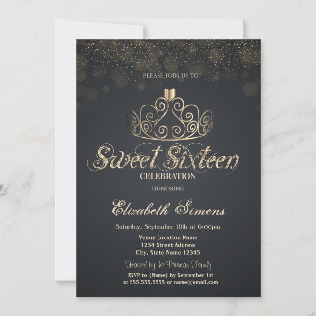 Invitation Gold Tiara Confetti Princess Gray Sweet 16 (Devant)